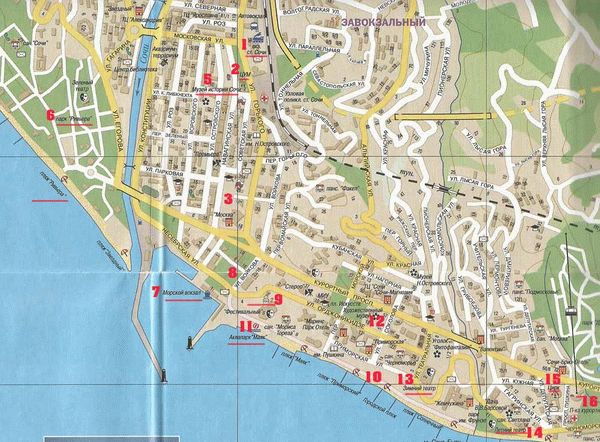 Карта с улицами и достопримечательностями в Сочи